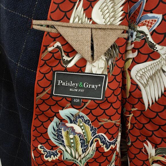 Paisley & Gray Slim Fit Double Breasted Suit Jacket 40R Blue Windowpane Wool - Picture 13 of 16